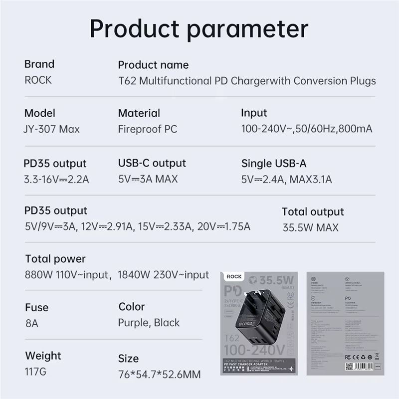 آداپتور چند منظوره و شارژر دیواری 35 وات راک مدل T62 - 5